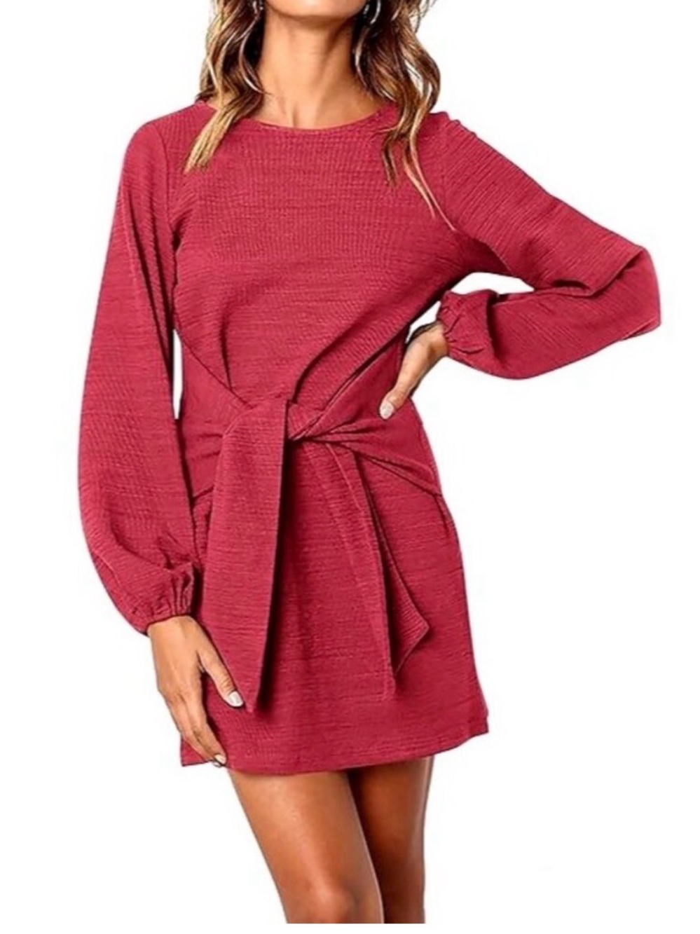 R Vivimos Long-Sleeve Tie-Waist Mini Dress in Red